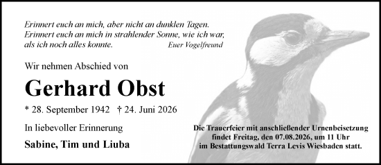 Traueranzeige von Gerhard Obst von Wiesbadener Kurier