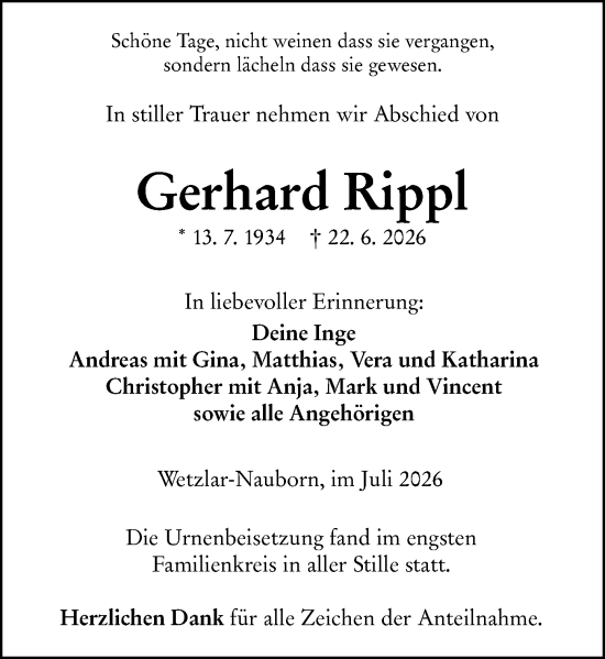 Traueranzeige von Gerhard Rippl von Wetzlarer Neue Zeitung