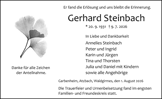 Traueranzeige von Gerhard Steinbach von Wetzlarer Neue Zeitung