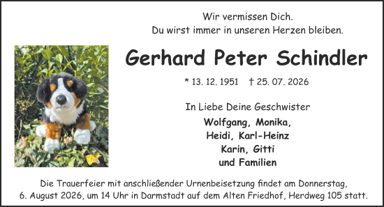 Traueranzeige von Gerhard Peter Schindler von Darmstädter Echo