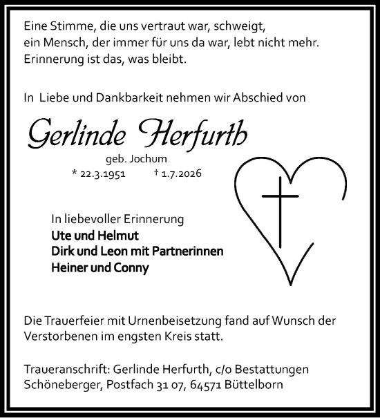 Traueranzeige von Gerlinde Herfurth von Groß-Gerauer Echo