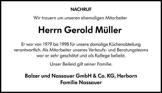 Traueranzeige von Gerold Müller von Dill Block