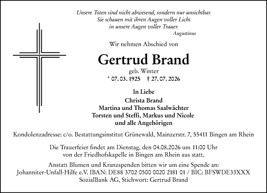 Traueranzeige von Gertrud Brand von Allgemeine Zeitung Rheinhessen-Nahe