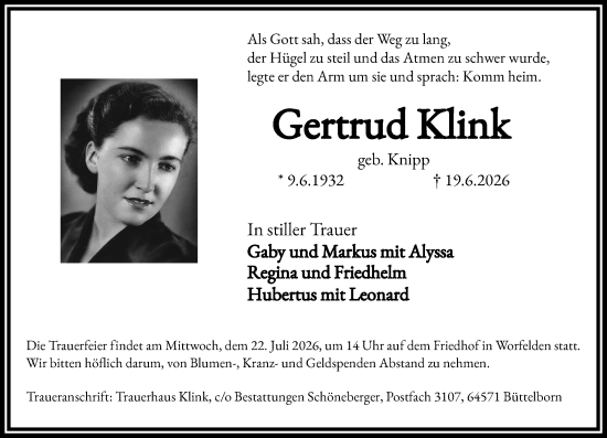 Traueranzeige von Gertrud Klink von Groß-Gerauer Echo