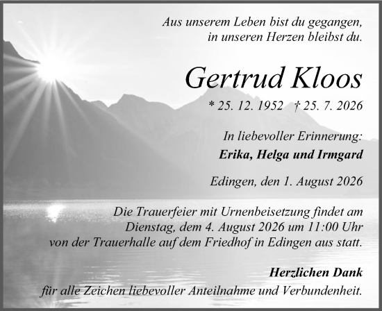Traueranzeige von Gertrud Kloos von Wetzlarer Neue Zeitung