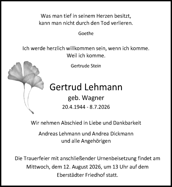Traueranzeige von Gertrud Lehmann von Darmstädter Echo