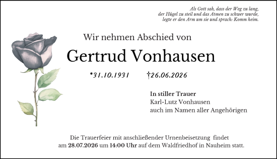 Traueranzeige von Gertrud Vonhausen von Rüsselsheimer Echo