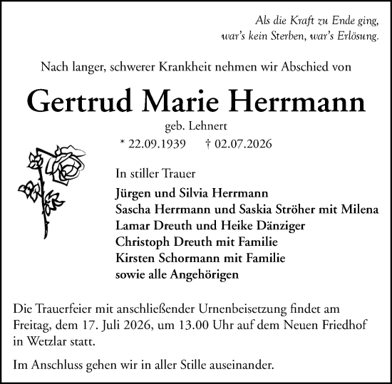 Traueranzeige von Gertrud Marie Herrmann von Wetzlarer Neue Zeitung