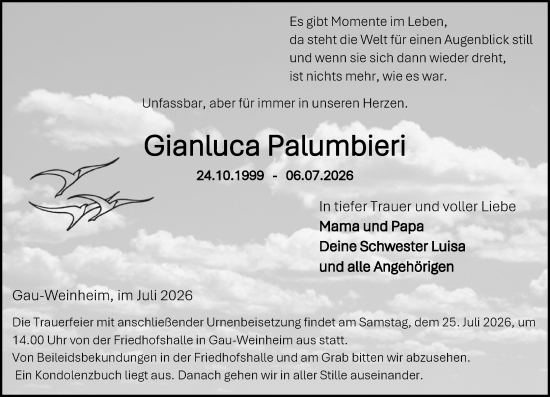 Traueranzeige von Gianluca Palumbieri von Allgemeine Zeitung Alzey