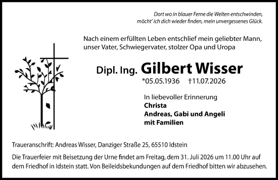 Traueranzeige von Gilbert Wisser von Idsteiner Land/Untertaunus
