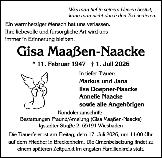 Traueranzeige von Gisa Maaßen-Naacke von Wiesbadener Kurier