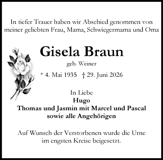 Traueranzeige von Gisela Braun von Allgemeine Zeitung Mainz