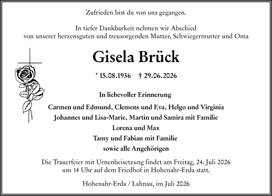 Traueranzeige von Gisela Brück von Wetzlarer Neue Zeitung