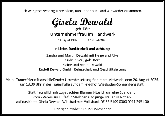 Traueranzeige von Gisela Dewald von Wiesbadener Kurier