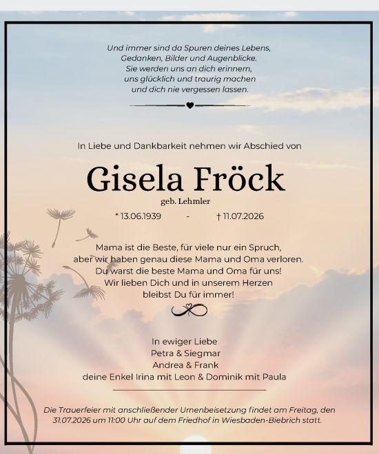 Traueranzeige von Gisela Fröck von Wiesbadener Kurier