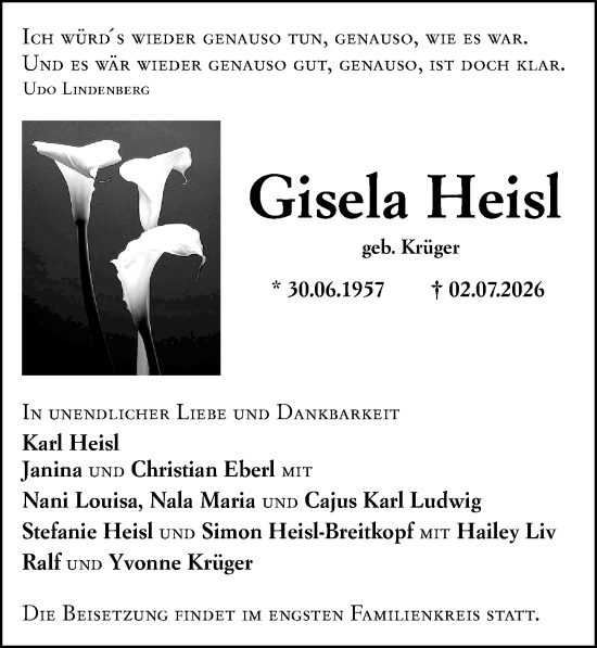 Traueranzeige von Gisela Heisl von Wetzlarer Neue Zeitung