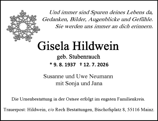 Traueranzeige von Gisela Hildwein von Allgemeine Zeitung Mainz