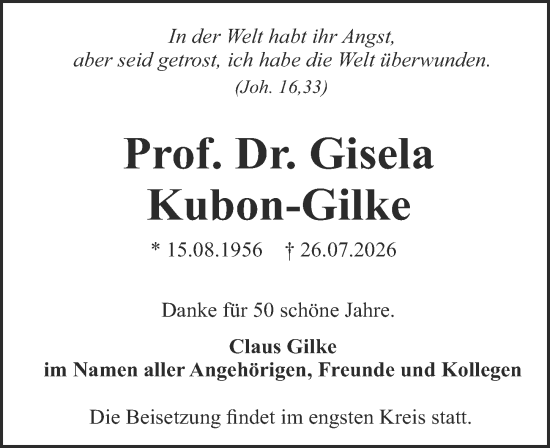 Traueranzeige von Gisela Kubon-Gilke von Darmstädter Echo