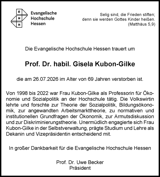 Traueranzeige von Gisela Kubon-Gilke von Dieburger Anzeiger/Groß-Zimmerner Lokal-Anzeiger