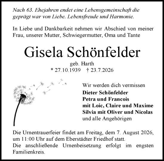 Traueranzeige von Gisela Schönfelder von Darmstädter Echo