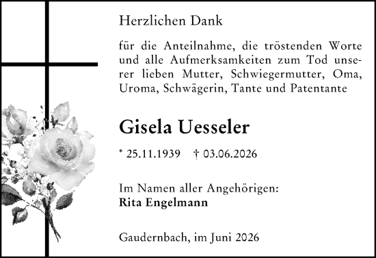 Traueranzeige von Gisela Uesseler von Weilburger Tageblatt