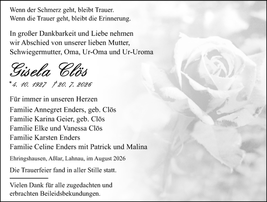 Traueranzeige von Gisela Clös von Wetzlarer Neue Zeitung