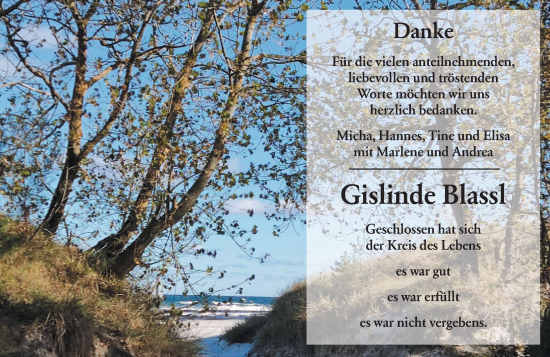 Traueranzeige von Gislinde Blassl von Wetzlarer Neue Zeitung