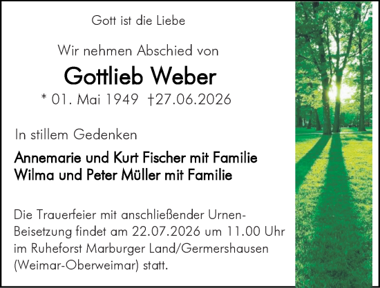 Traueranzeige von Gottlieb Weber von Hinterländer Anzeiger
