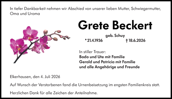Traueranzeige von Grete Beckert von Weilburger Tageblatt