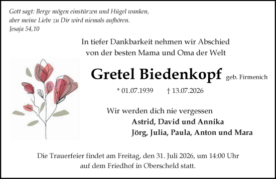 Traueranzeige von Gretel Biedenkopf von Dill Block