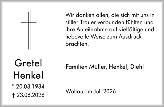 Traueranzeige von Gretel Henkel von Hinterländer Anzeiger