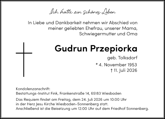Traueranzeige von Gudrun Przepiorka von Wiesbadener Kurier