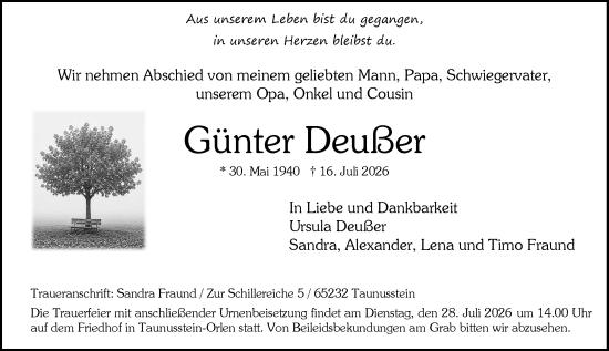 Traueranzeige von Günter Deußer von Wiesbadener Kurier