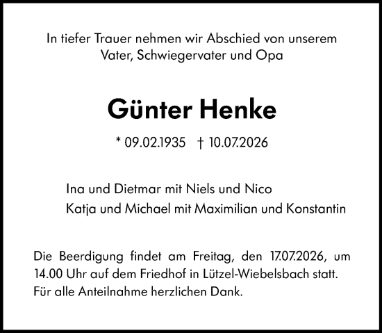 Traueranzeige von Günter Henke von Odenwälder Echo