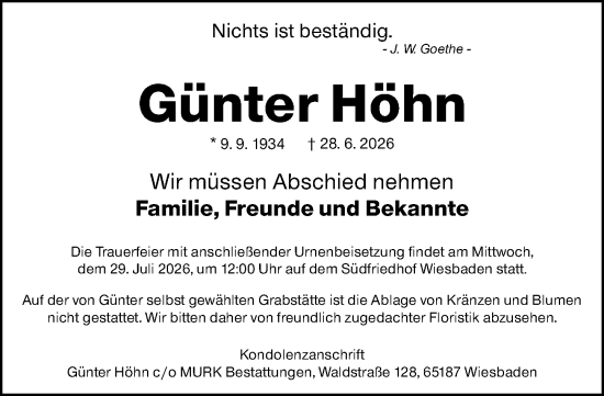 Traueranzeige von Günter Höhn von Wiesbadener Kurier