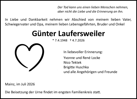 Traueranzeige von Günter Laufersweiler von Allgemeine Zeitung Mainz