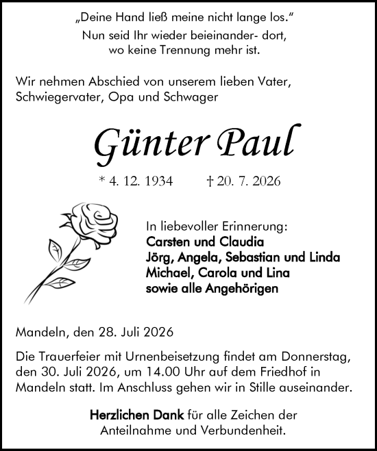 Traueranzeige von Günter Paul von Dill Block