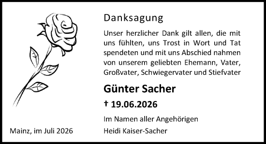 Traueranzeige von Günter Sacher von Allgemeine Zeitung Mainz