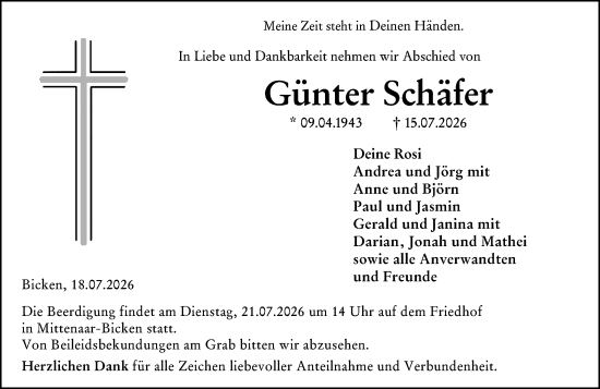 Traueranzeige von Günter Schäfer von Dill Block
