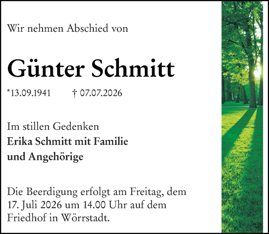 Traueranzeige von Günter Schmitt von Allgemeine Zeitung Alzey