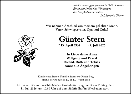 Traueranzeige von Günter Stern von Wiesbadener Kurier