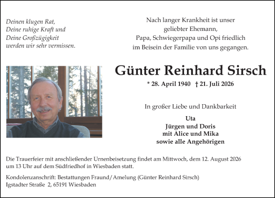 Traueranzeige von Günter Reinhard Sirsch von Wiesbadener Kurier