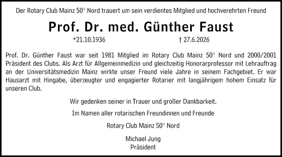 Traueranzeige von Günther Faust von Allgemeine Zeitung Mainz