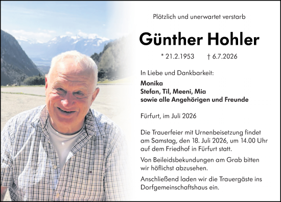 Traueranzeige von Günther Hohler von Weilburger Tageblatt