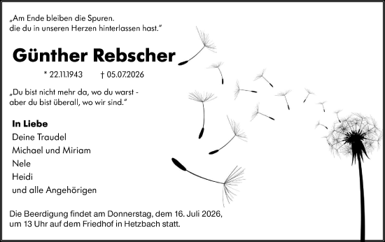 Traueranzeige von Günther Rebscher von Odenwälder Echo