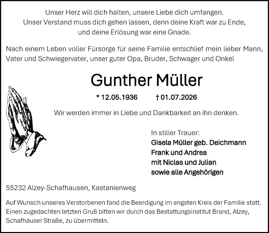 Traueranzeige von Gunther Müller von Allgemeine Zeitung Alzey