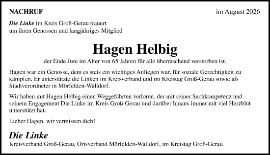 Traueranzeige von Hagen Helbig von Rüsselsheimer Echo