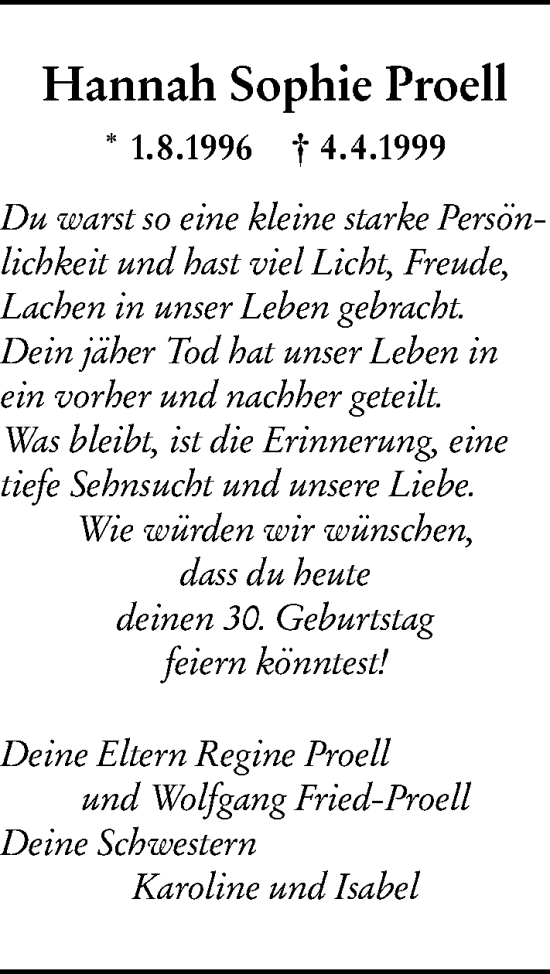 Traueranzeige von Hannah Sophie Proell von Rüsselsheimer Echo
