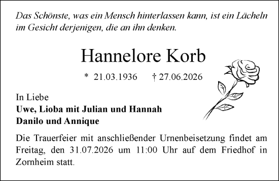 Traueranzeige von Hannelore Korb von Allgemeine Zeitung Mainz