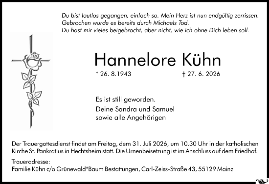 Traueranzeige von Hannelore Kühn von Allgemeine Zeitung Alzey